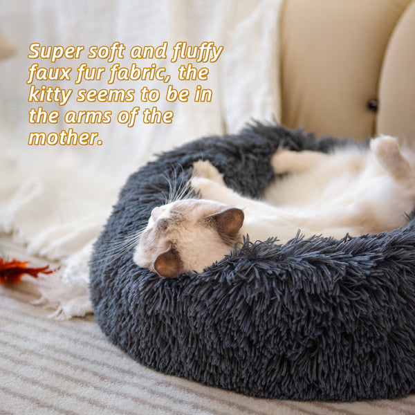 Pet Beds For Cats Anti Anxiety Fluffy Dog Bed Cuddler With Anti-Slip & Water-Resistant Bottom Washable Calming Dog Bed For Small Medium Pets